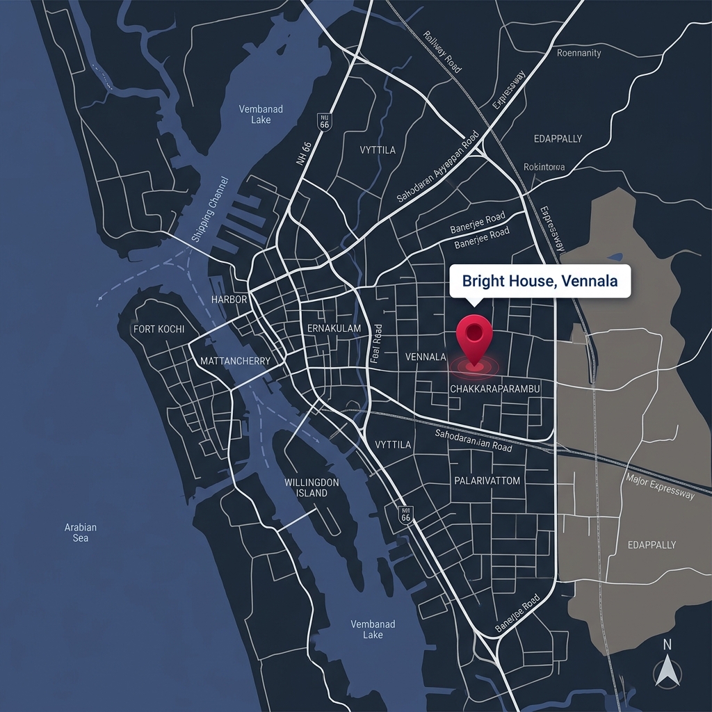 Map illustration showing Bright House office location in Vennala, Kochi